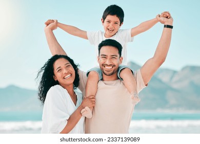 Portrait, happy family and airplane games at a beach with freedom, bond and fun together in nature. Face, love and piggyback by parens and boy child at ocean for travel, holiday and summer vacation - Powered by Shutterstock