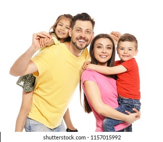 Portrait Of Happy Family With Children On White Background