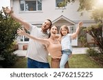 Portrait, happy family or kid in backyard at new house, real estate and garden in residential neighborhood. Proud mother, excited father and child with smile outside for property investment on lawn