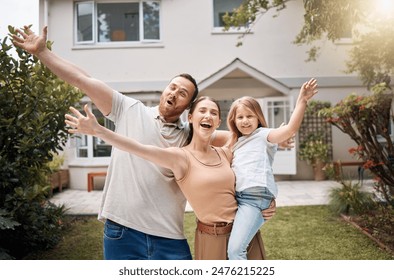 Portrait, happy family or kid in backyard at new house, real estate and garden in residential neighborhood. Proud mother, excited father and child with smile outside for property investment on lawn - Powered by Shutterstock