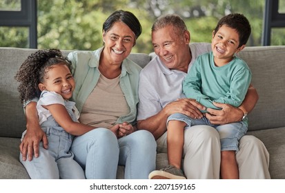 Portrait Of Happy Family Love, Grandparents And Kids Bonding, Relax On Living Room Sofa And Enjoy Quality Time Together. Happiness, Peace And Malaysia Man And Woman Babysitting Grandkids Or Children