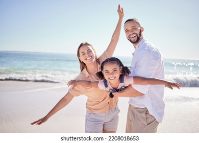 Portrait Of A Happy Family Play On Beach Vacation And Having Fun Together In Cancun. Parent, Child And Fun In Summer Holiday At The Ocean With A Smile, Love And Laugh During International Travel