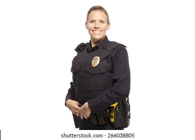 Portrait Of Happy Female Police Officer Standing Against White Background