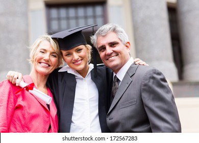 Portrait Of Happy Female University Graduate And Parents At Ceremony