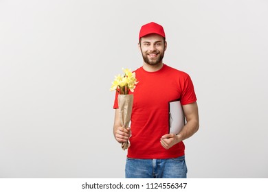 Portrait Of Happy Flower Delivery Man Holding Clipboard On White Background