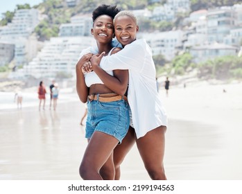 Portrait Of Happy Friends On Beach Travel Vacation, Holiday Or Spring Break To Tropical Island Paradise. Black Women On A Girls Trip To The Sea Or Ocean For Summer, Sun And Relax At Water Seaside