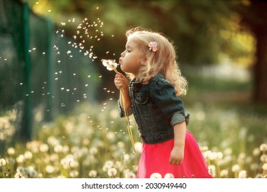 Portrait of happy girl. Child is smiling in spring day. Kid is enjoying spring. Sunny day. Blonde girl is blowing dandelion. Outdoor, close up.