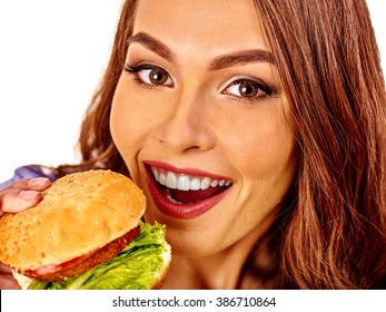 Portrait Happy Girl Eating Big Hamburger Stock Photo 386710864 ...