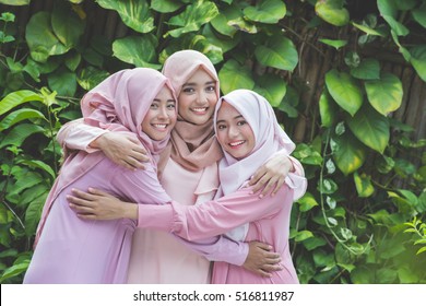 Portrait Of Happy Group Of Pretty Girl Best Friends Together. Muslim Woman Concept Wearing Hijab Or Head Scarf