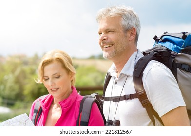 Portrait Happy Hikers Analyze Map Footpath Stock Photo (Edit Now) 221812567