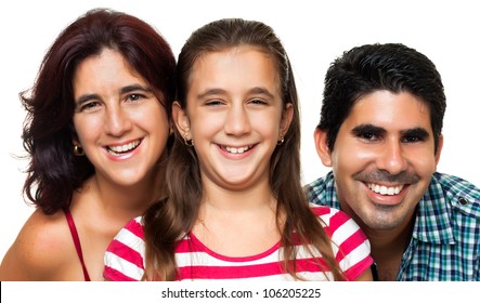 Portrait Of A Happy Hispanic Family Consisting Of Father,mother And Daughter Isolated On A White Background