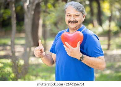Portrait of happy Indian Asian Senior man holding red heart balloon at park outdoor doing thumbs up, good health good life, Elderly an old people health care concept,
