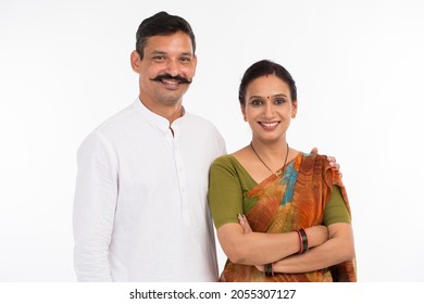 Portrait Of Happy Indian Rural Couple On White Back Ground.