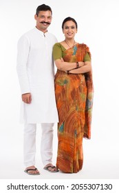 Portrait Of Happy Indian Rural Couple On White Back Ground.