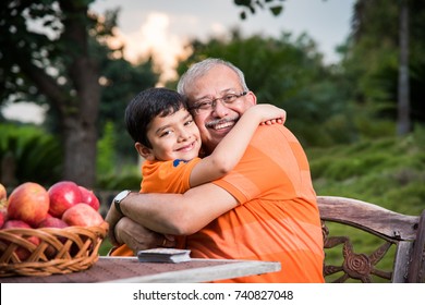 Portrait of Happy Indian/Asian Kids and grandfather sitting on lawn chair
