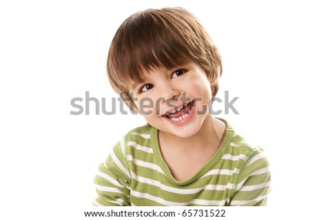 Portrait of happy joyful beautiful little boy isolated on white background