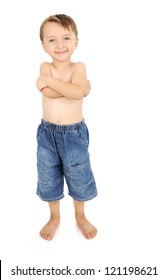 Portrait Of Happy Kid Shirtless Smiling And Posing Over White Background