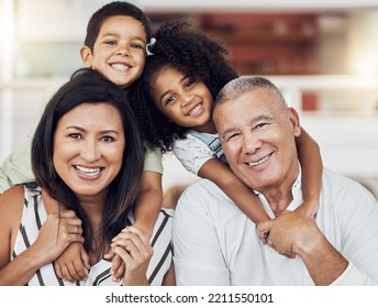 Portrait Of Happy Kids, Grandma And Grandpa At Home Spending Family Time Together. Grandparents Babysitting Girl And Boy In Mexico. Senior Man, Woman And Children, Fun Care And Child Development.