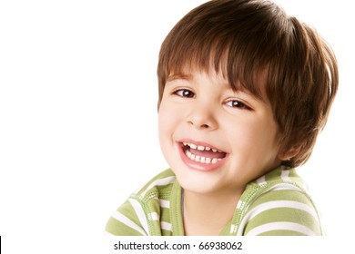 Portrait Of Happy Laughing Little Boy Isolated On White Background