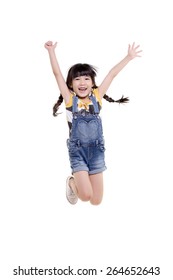Portrait Of Happy Little Asian Child Jumping Isolated On White 