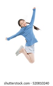 Portrait Of Happy Little Asian Child Girl Jumping Isolated On White