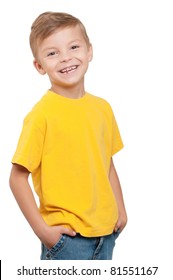 Portrait of happy little boy over white background