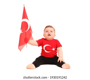 Portrait Of Happy Little Kid, Cute Baby Toddler With Turkish Flag T-shirt Isolated On White. Patriotic Holiday. Adorable Child Celebrates National Holidays.