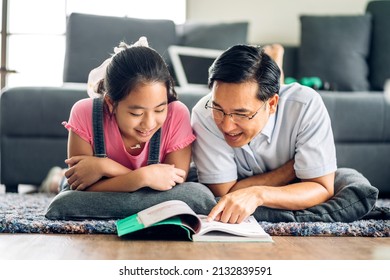 Portrait Happy Love Asian Family Father Teach Little Daughter Asian Girl Learn And Study On Table.Dad And Asian Young Girl Writing With Book And Pencil Making Lessons In Homeschool At Home.Education