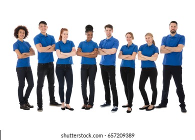 Portrait Of Happy Male And Female Janitor Over White Background
