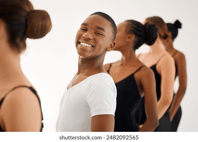 Portrait, happy man or ballet students training or learning with group or people in class or art school. Wellness, smile or dancers dancing in practice lesson for theater performance in dance studio - Powered by Shutterstock