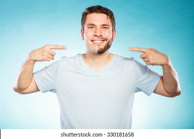 Portrait Of Happy Man With Half Shaved Face Beard Hair. Smiling Handsome Guy On Blue. Skin Care And Hygiene.