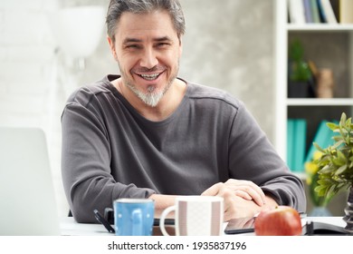 Portrait Of Happy Man At Home Sitting At Desk, Working, Looking At Camera. Happy Smile, Grey Hair, Beard. Portrait Of Mature Age, Middle Age, Mid Adult Man In 50s.