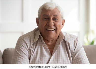 Portrait of happy mature 80s man sit on couch at home look at camera posing relaxing on weekend, smiling positive senior 70s grandfather rest on sofa at home or retirement house, show optimism