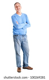 Portrait Of A Happy Mature Man Isolated Over A White Background, Full Length