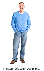 Portrait Of A Happy Mature Man Isolated Over A White Background, Full Length