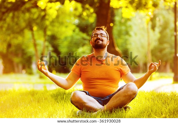 Portrait Happy Meditating Man Beard Park Stock Photo (Edit Now) 361930028