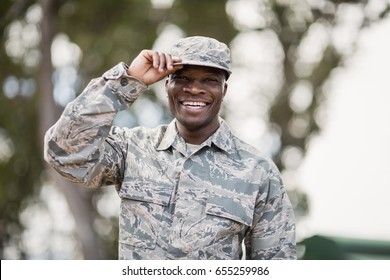 Portrait Of Happy Military Soldier In Boot Camp