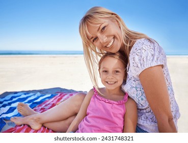 Portrait, happy mother and child at beach to relax on holiday, summer or vacation on blanket. Face, mom and smile of girl at ocean for adventure, travel or family bonding together outdoor on mockup - Powered by Shutterstock