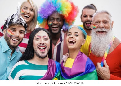 Portrait Of Happy Multiracial People At Gay Pride Event