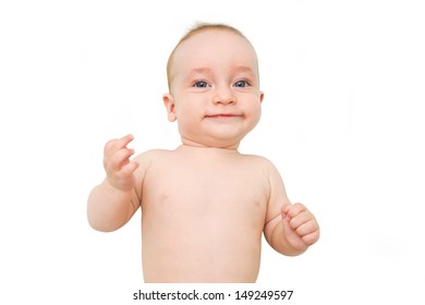 Portrait of a happy newborn baby, isolated on white background. Massage for babies.