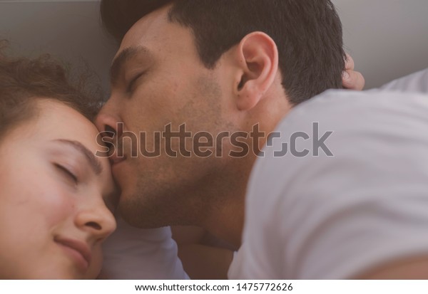 Portrait Happy Newlywed Couple Kissing Good Stock Photo