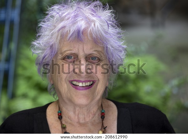 Portrait Happy Old Woman Purple Hair Stock Image Download Now