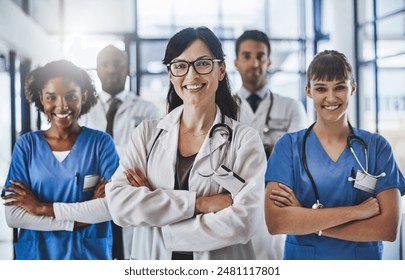 Portrait, happy people or team of nurses with arms crossed in hospital for healthcare services or about us. Leadership, medical professional or proud doctors with smile at wellness clinic for nursing - Powered by Shutterstock