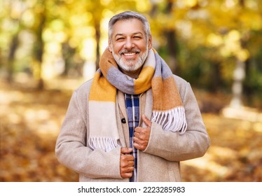 Portrait Of Happy Positive Mature Man With Broad Smile    In Elegant Clothes On An Autumn Walk   In City Park