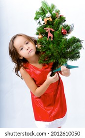 Portrait of happy pretty curly little girl wear Santa Claus dress and posing with Christmas decoration over white background