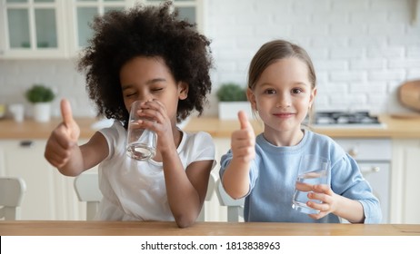 Portrait Of Happy Pretty Little Thirsty African Ethnicity Kid Girl Drinking Pure Stilled Water, Showing Thumbs Up Gesture With Smiling Small European Friend Or Foster Sister, Sitting In Kitchen.