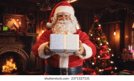 Portrait of a Happy Santa Claus Offering Beautifully Wrapped White Gift To Children. Old Man Looking at Camera, Smiling While Giving the Present Away. Concept of Christmas and New Year's Celebrations - Powered by Shutterstock