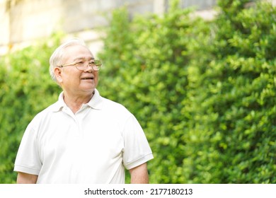 Portrait Of Happy Senior Asian Man Relaxing And Breathing Fresh Air With Sunlight In Outdoors Park Elderly Man Enjoying A Day In The Park On Summer Healthcare Lifestyle And Wellness