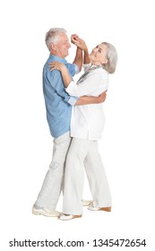 Portrait Of Happy Senior Couple Dancing On White Background