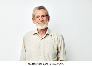 Portrait Of Happy Senior Man Smile Emotion Hand Gesture Light Background